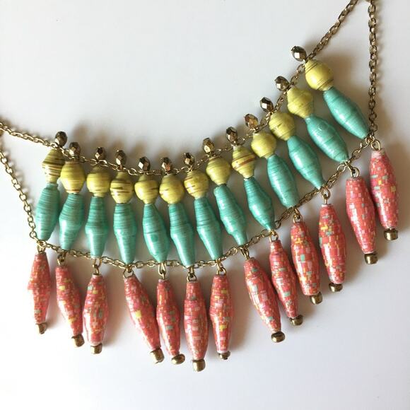 Bright springtime colors paper bead statement necklace - Picture 6 of 10
